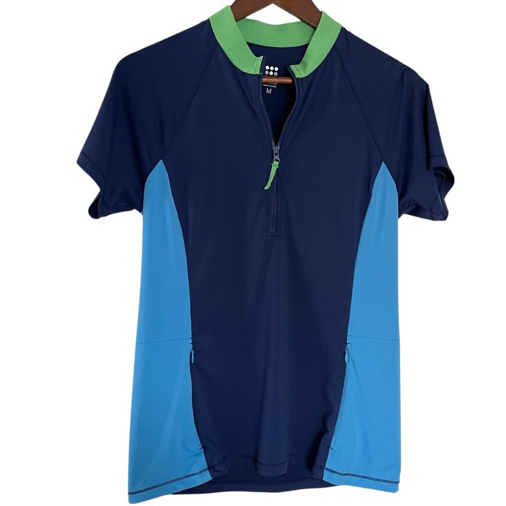 Title Nine Sunbuster Swim Sun Shirt Medium M Blue 1/2 Zip UPF 50 Short Sleeve